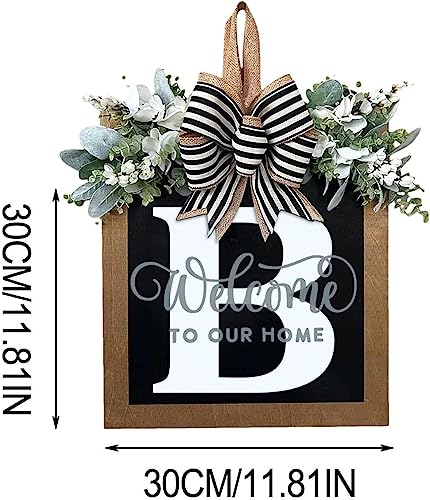 Last Name All Year Round Front Door Wreath with 26 Initial Letter Welcome Sign All Seasons Eucalyptus Garland and Bow ，Farmhouse, Porch, for Spring Summer Fall All Seasons Holiday Halloween Christmas. (B) - color: B