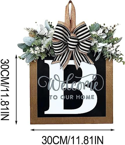 Last Name All Year Round Front Door Wreath with 26 Initial Letter Welcome Sign All Seasons Eucalyptus Garland and Bow ，Farmhouse, Porch, for Spring Summer Fall All Seasons Holiday Halloween Christmas. (B) - color: B