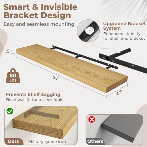 55 Inch Floating Shelves, 12"Deep Wall Shelf, 80 Lbs Capacity, Oak, 2pcs - color: Oak, size: 55"Wx12"Dx1.5"H