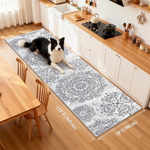 HEBE Hallway Runner Rug 3'x12', Washable Non Slip Kitchen Rug Runner - color: Grey, size: 3' x 12' (Rectangular)