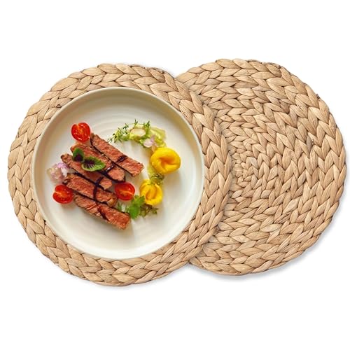 Round Woven Placemats Set of 2, Natural Wicker Place mats, Boho Farmhouse Rustic Plate Chargers, Rattan Table Mats for Dining Table, Fall, Halloween, Thanksgiving, Christmas Decor (13 inch)