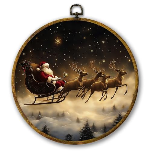 Mcehtle Christmas Santa and Reindeer Wall Art Decor, Vintage Magical Xmas Night Framed Canvas Prints 10x10, Rustic Cozy Winter Round Wall Hanging Artwork Decorations for Home Bedroom Living Room - color: Colour 12