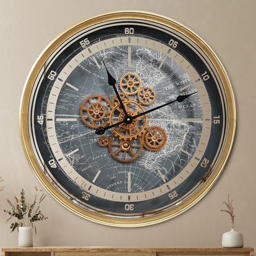 October Elf Large Real Moving Gears Wall Clock 24 Inch with World Map - color: 24 Inch Golden World Map