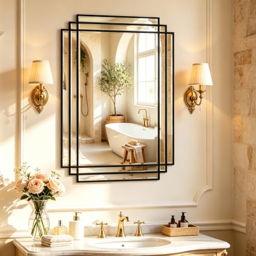 36"x24" Geometric Decorative Beveled Mirror with Black Wood Frame - color: Black, size: 36"L x 24"W