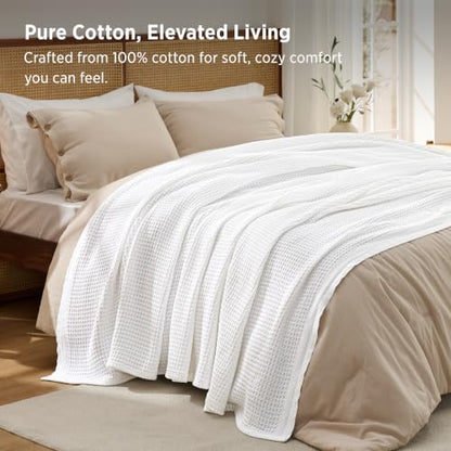 Bedsure 100% Cotton Blanket, Waffle Weave, Queen Size, White, 90"x90" - color: 01 White, size: Queen (90" X 90")