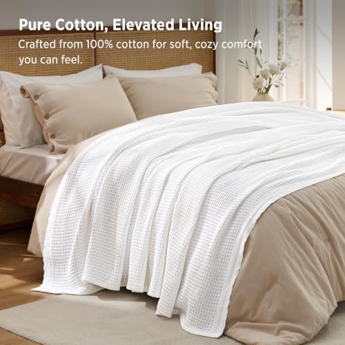 Bedsure 100% Cotton Blanket, Waffle Weave, Queen Size, White, 90"x90" - color: 01 White, size: Queen (90" X 90")