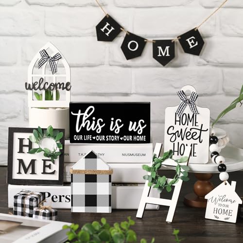 FairySandy 11 Pcs Home Tiered Tray Decor This is us Rustic Wooden Signs - style: Plaid