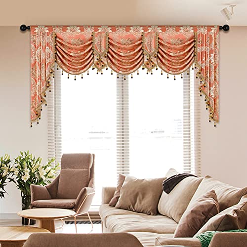 ELKCA Golden Jacquard Swag Waterfall Valance Luxury Curtain Valance for Living Room (Damask-Coffee, W79 Inch, 1 Panel) - color: Valance,damask-coffee, size: 79"W x 43"L (Pack of 1)