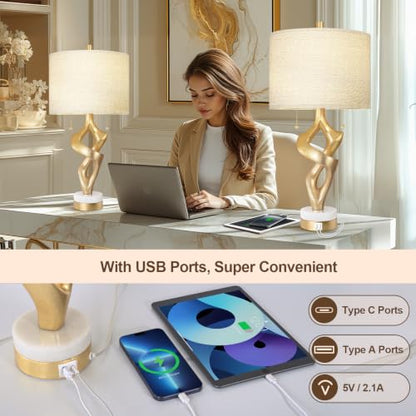 Scenekoy 26” Table Lamp Set of 2 with USB Ports for Bedroom Living Room - size: 26 inches Gold Leaf -028-2