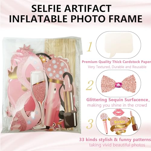 33PCS Glitter Birthday Photo Booth Props, LMSHOWOWO Rose Gold Party Photobooth Props Fun Selfie Props with Lips, Crowns, Flowers, Lipsticks for All Ages Girls Women Birthday Decorations