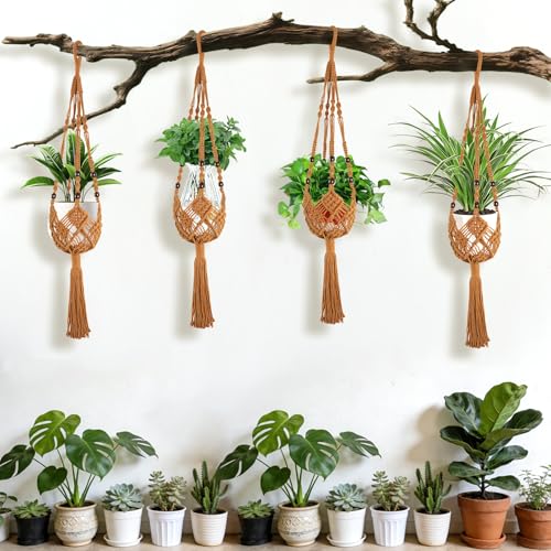 Augshy Jute Crochet Macrame Plant Hangers with Hooks, 2 Pack Hanging Holder - color: Caramel, size: 35 Inches