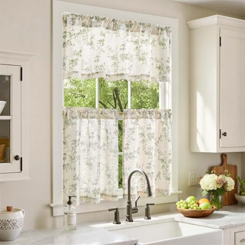 jinchan Green Linen Floral Kitchen Tier Curtains and Valance Set 3 Pieces - color: Alisa | Green on Linen, size: 26"W x 24"L (Pack of 3)