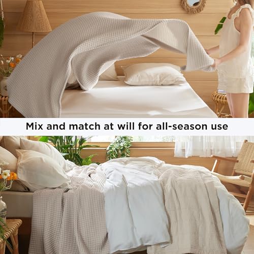 Bedsure Lightweight 100% Cotton Waffle Blanket, Oversized King, Linen - color: Linen, size: Oversized King (120" X 94")