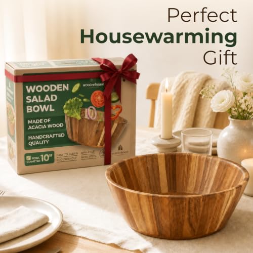 Acacia Wood Salad Bowl - Small Serving Wooden Bowl for Kitchen, 10"