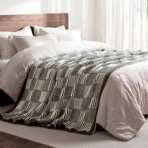 Amélie Home Checkered Knit Throw Blanket for Couch, Olive Green 50"x60" - color: Checkered Olive Green, size: 50" X 60"