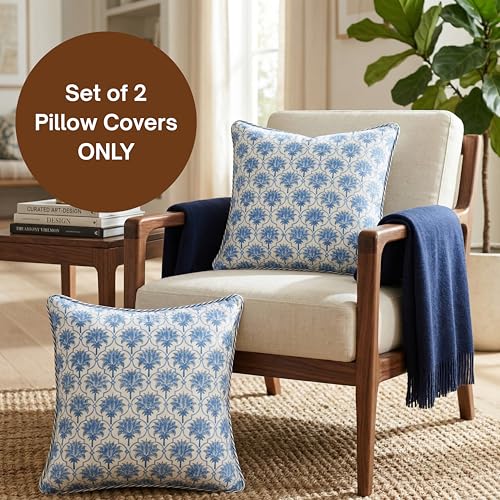 ATOSII Cotton Blockprint Throw Pillow Cover, Padma Blue, Set of 2, 18 X 18 - color: Padma, size: 18" x 18" (Pack of 2)