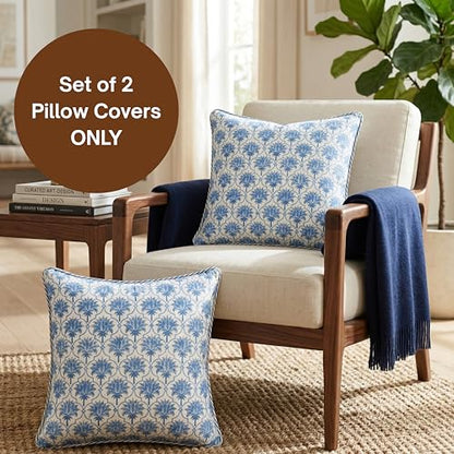 ATOSII Cotton Blockprint Throw Pillow Cover, Padma Blue, Set of 2, 24 X 24 - color: Padma, size: 24" x 24" (Pack of 2)