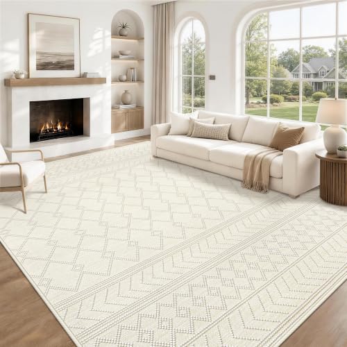 9x12 Area Rug For Living Room, Washable Beige Rugs Non Slip Low Pile - color: Beige, size: 9' x 12' (Rectangular)
