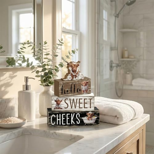 Britimes Tiered Tray Decor Set, 4 Pack, Wooden Table Signs, Highland Cow - style: Highland Cow