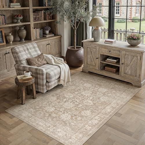 HUGEAR 5x7 Beige Retro Distressed Washable Area Rug for Living Room - color: A| Beige, size: 5' x 7' (Rectangular)