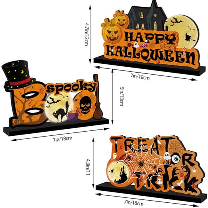 3Pcs Halloween Table Decorations - Happy Halloween Table Wooden Centerpiece Signs, Trick or Treat Wooden Sign, Boo Spooky Signs for Party Dinner Room Decor