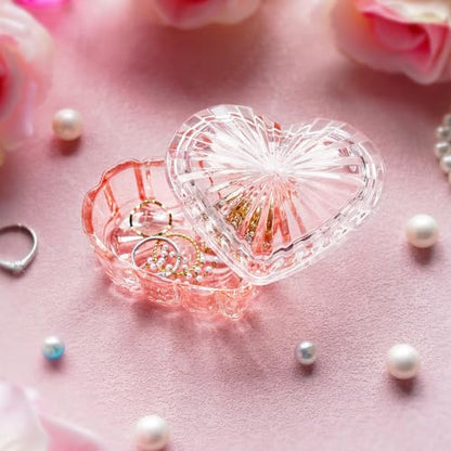 Glass Heart Shaped Jewelry Box with Lid, Ring Earring Trinket Storage Box - color: Pink