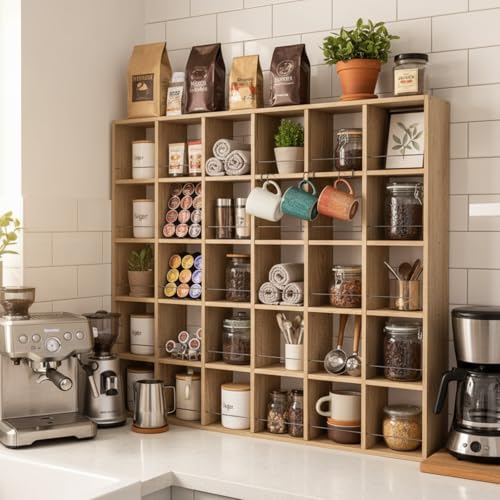 Kigley Oversize Coffee Mug Display Rack Wooden Shelves Rustic Shot Glass Display Case Travel Mug Shelf Wall Mounted Rack Holder Shadow Box(5 x 6,Brown) - color: Brown, style: 5 x 6