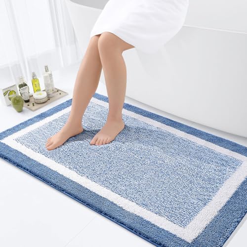 OLANLY Large Bathroom Rugs 44x32, Soft Absorbent Microfiber Bath Rugs, Blue - color: Blue and White, size: 44" X 32"