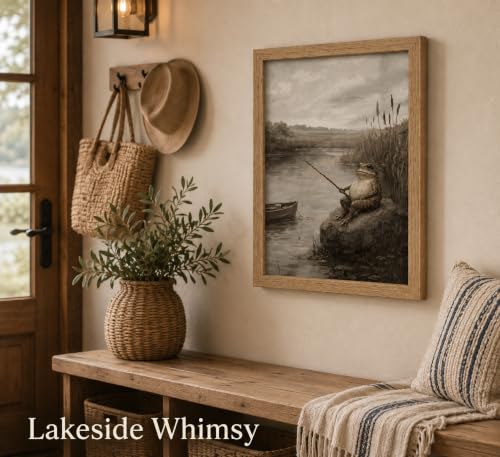 Framed Vintage Frog Fishing Canvas Wall Art,Funny Toad by the River Print Wall Decor,Retro Whimsical Animal Painting,Cottagecore Pond Poster,Cute Frog Artwork for Home Decoration - color: Frog, size: 10"L x 8"W
