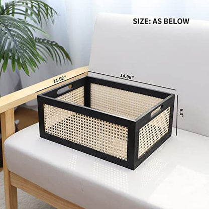 Black Wooden Rattan Storage Basket with Handle,14.96"x11.02"x6.30" - color: Black, size: Large (Set of 1)