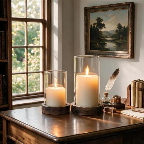 Hurricane Candle Holder Wooden: Set of 2 Candle Holder Pillar with Wood Base Clear Glass Sleeve – Rustic Wooden Candle Holders for Home Decor, Weddings, Table Centerpiece(Brown) - color: Brown