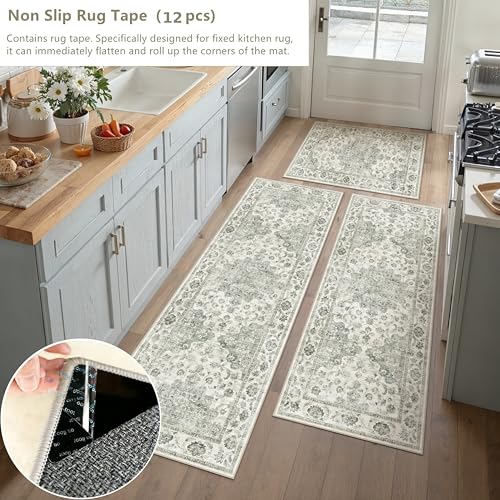 Washable Neutral Green Kitchen Runner Rug Set of 3 - color: Neutral | Green, size: 20"x32"+20"x48"+20"x59"