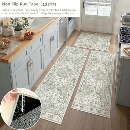 Washable Neutral Green Kitchen Runner Rug Set of 3 - color: Neutral | Green, size: 20"x32"+20"x48"+20"x59"