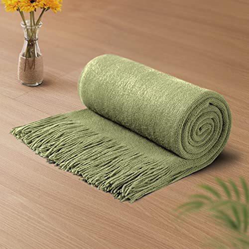 Vonty Olive Green Knitted Throw Blanket with Tassels Fringe, 50x60 Acrylic - color: Olive Green, size: 50" x 60"