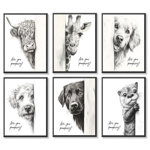 Funny Bathroom Wall Art Set of 6 Black and White Bathroom Posters Unframed - color: Animal Prints