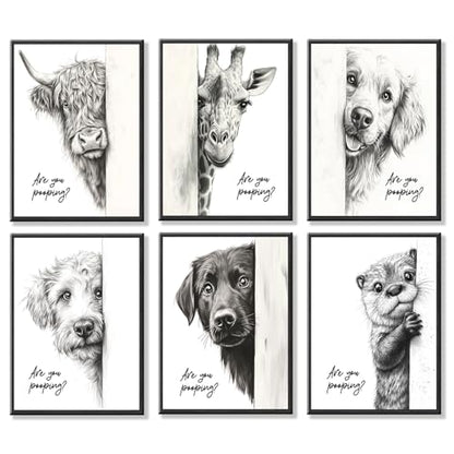 Funny Bathroom Wall Art Set of 6 Black and White Bathroom Posters Unframed - color: Animal Prints