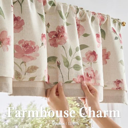 jinchan Blushfield Floral Linen Double Layer Cafe Curtains 18 Inch 1 Panel - color: Pink, size: 50"W x 18"L (Pack of 1)