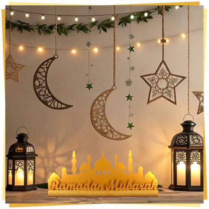 13.78 Inch Metal Ramadan Table Sign Ramadan Mubarak Letter Sign Eid Decorations for Home Muslim Golden Palace Islamic Table Centerpiece for Islamic Home Office Kitchen Party Decor Gifts - style: Modern