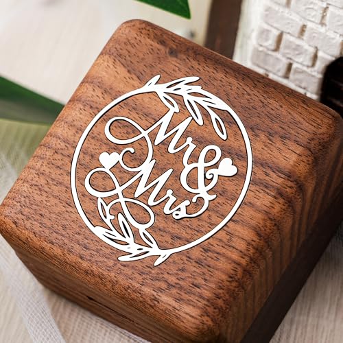 KWOOD Custom Wooden Wedding Ring Box for 2 Rings, Engraved Mr & Mrs Double Ring Holder for Wedding Ceremony Ring Bearer Box Anniversary Birthday Gift Ideas - style: S-Mr & Mrs