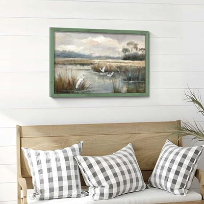 HILL WEST Rustic Landscape Lake Bird Framed Wooden Wall Art, 24x16inch - color: Bird, size: 24"L x 16"W