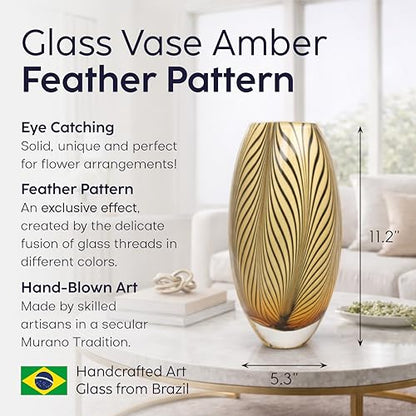 Murano Style Glass Vase Hand Blown Amber Feather Pattern Effect Home Decor - color: Amber