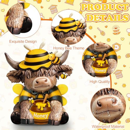 Karenhi 2 Pcs Highland Cow Figurines Resin, Bee Theme Honey Jar Decor - style: Bee