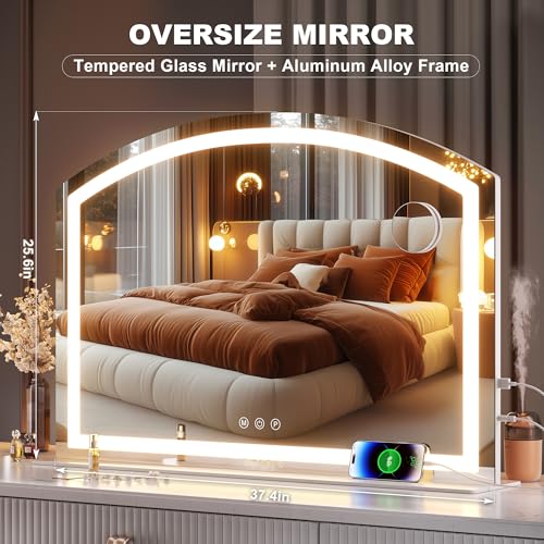 Hasipu 38" x26” Arch Vanity Mirror with LED Lights - Makeup Mirror with 10X Magnification, USB Charging Port & 3 Dimmable Color Modes - size: 38"L x 26"W