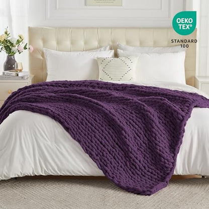 Carriediosa Chunky Knit Throw Blanket 60 x 80, 100% Hand Made, Dark Purple - color: Dark Purple, size: 60" X 80"