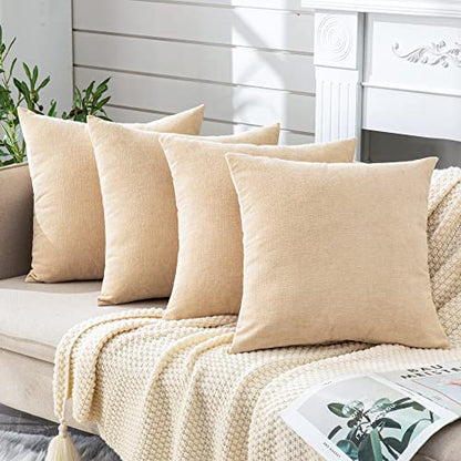 GAWAMAY Beige Chenille Throw Pillow Covers 18x18 Set of 4 for Couch - color: Beige, size: 18" x 18" (Pack of 4)