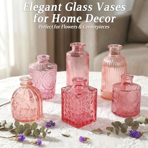 Set of 15 Pink Glass Bud Vases Small Textured Flower Vases - color: Pink