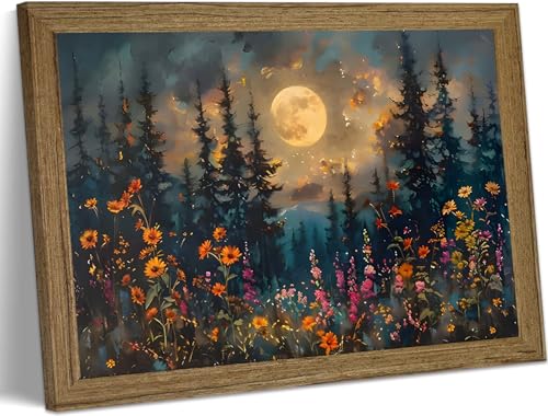 Full Moon Nature Forest Canvas Wall Art Vintage Dark Moon Landscape Painting Wall Decor Woodland Picture Artwork for Farmhouse Bedroom Living Room 8x10 inch Wood Framed - color: Full Moon Forest, size: 10"L x 8"W