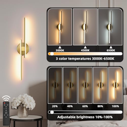 Battery Operated Wall Sconce Set of 2,Gold 23.6" 3000K-6500K LED Dimmable Wall Sconces with Remote Control,Wireless Wall Light USB Rechargeable for Bedroom Hallway Living Room Background Wall Lighting - color: Gold, size: 23.6" 2-Pack
