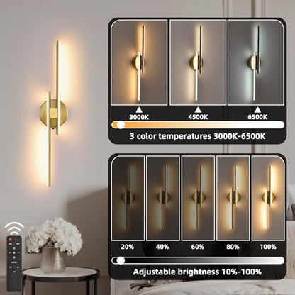 Battery Operated Wall Sconce Set of 2,Gold 23.6" 3000K-6500K LED Dimmable Wall Sconces with Remote Control,Wireless Wall Light USB Rechargeable for Bedroom Hallway Living Room Background Wall Lighting - color: Gold, size: 23.6" 2-Pack