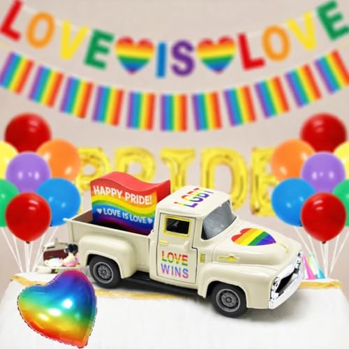 Pride Rainbow Mini Truck Decor with Wooden Sign, 5.7 Inch - color: Rainbow